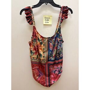 FARM Rio One Piece Swimsuit Tropical Print Ruffle Shoulder Zip Front Size 2X